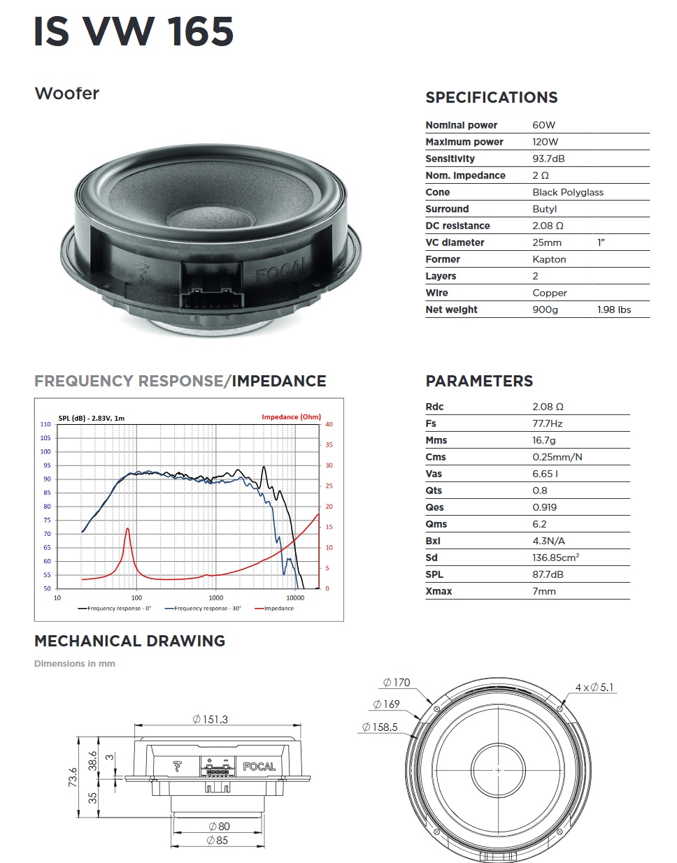 FOCAL IS-VW-165 16,5 cm (6.5") 2-Wege Kompo Lautsprecher Set kompatibel mit Audi, Seat, Skoda, Volkswagen VW 