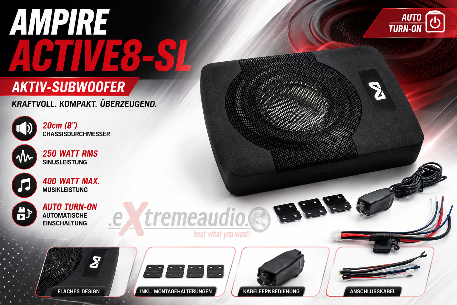 AMPIRE ACTIVE8-SL Aktiv-Subwoofer, 20cm (8'') 250/400 Watt mit "Auto Turn-On" 