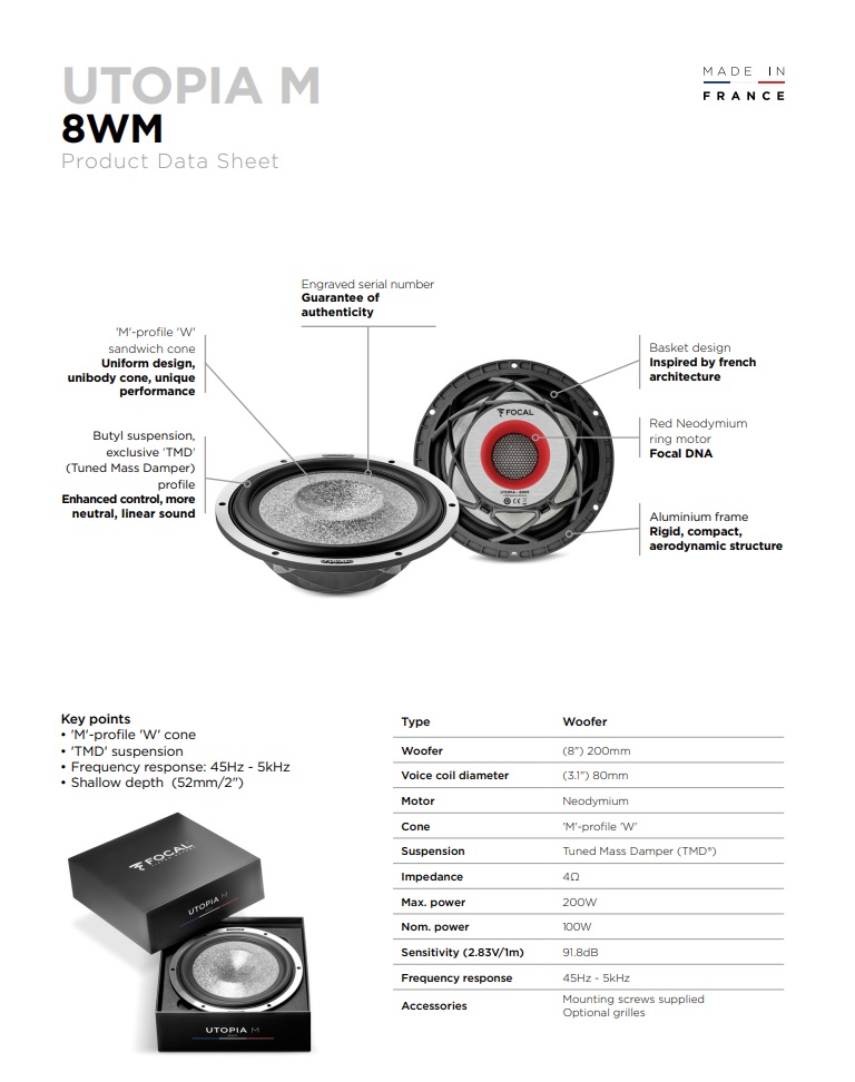 FOCAL 8WM Bass Lautsprecher UTOPIA M-Serie, 20cm (8") Mitteltöner, Tieftöner, Woofer 200 Watt (1 Stück)
