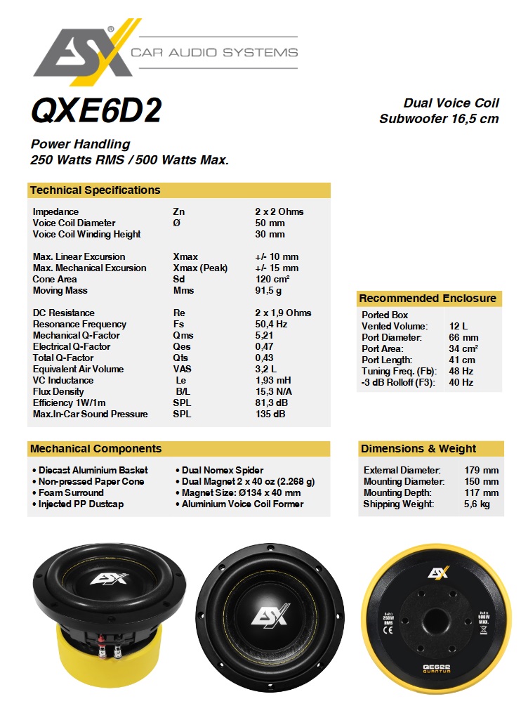 ESX QXE6D2 16,5 cm (6.5”) Compact Subwoofer 250/500 Watt RMS/max