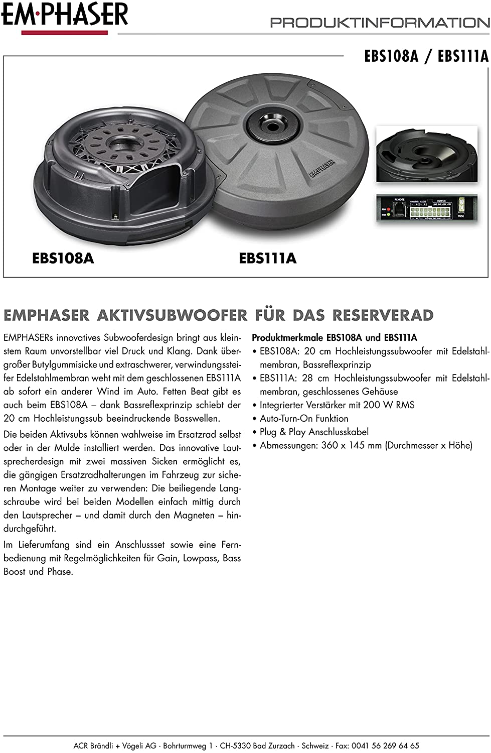 EMPHASER EBS108A Aktiv-Subwoofer 1 x 20 cm Bassreflex 150 Watt RMS Power Geeignet für den Einsatz im Ersatzrad