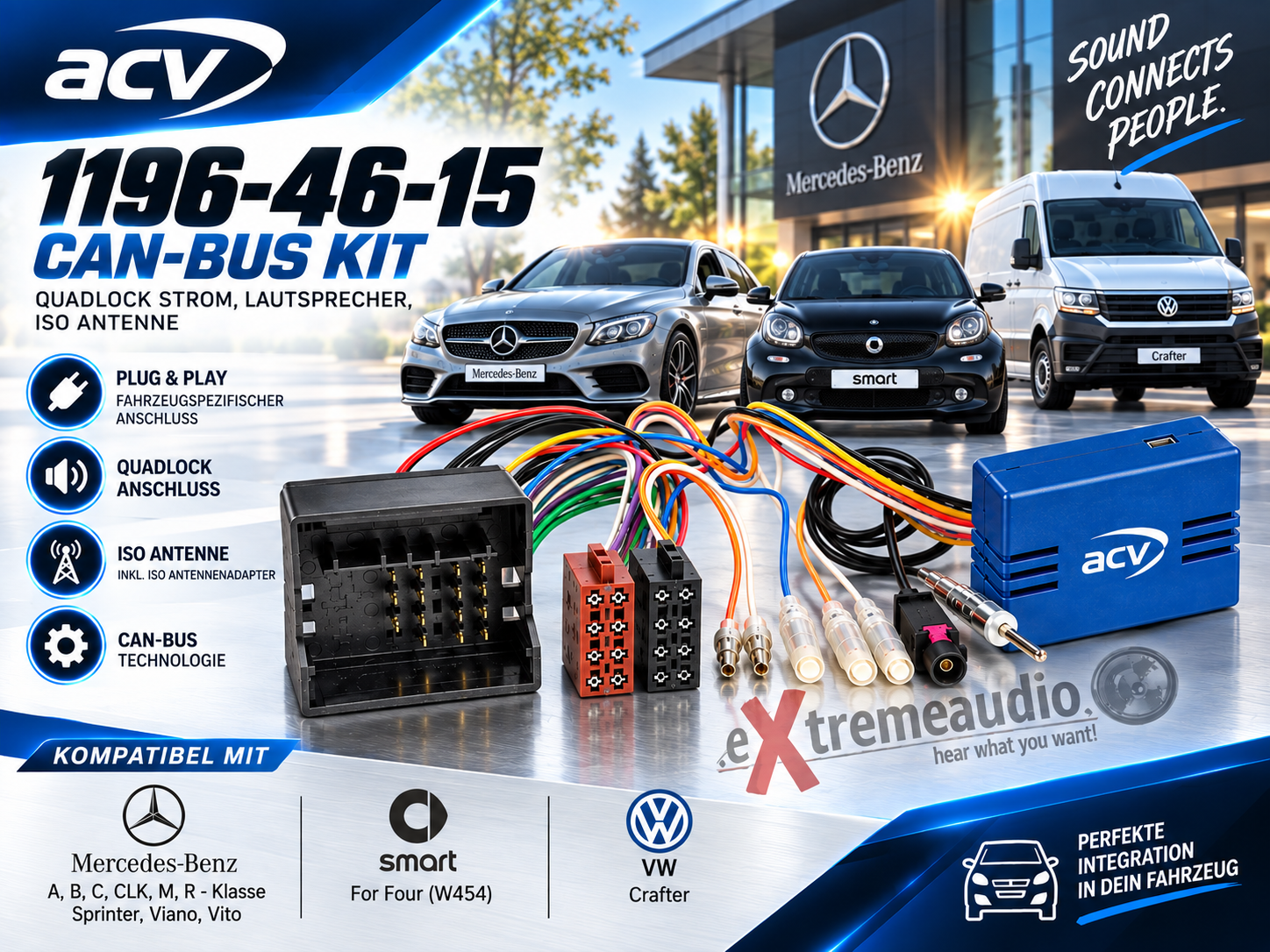 ACV 1196-46-15 CAN-Bus Kit Quadlock Strom, Lautsprecher, ISO Antenne kompatibel mit Mercedes Benz Fahrzeugen, Smart For Four (W454), VW Crafter    