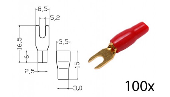 RTA 152.352-2 Bornes de serrage - fourche isolées, plaqué or, 100x RED 1,5-2,5mm² / 13 / 16AWG diam. diam 5mm