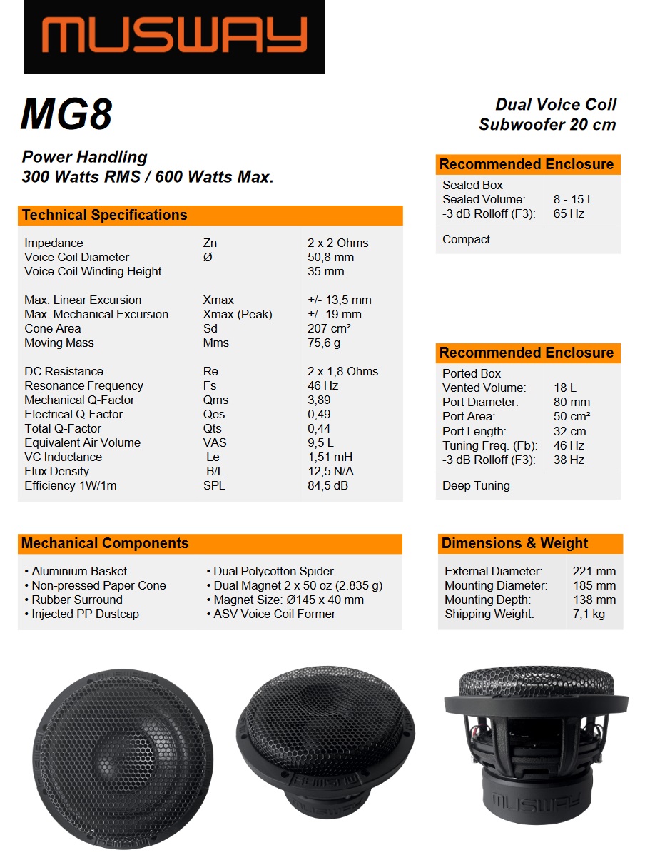 Musway MG8 Subwoofer 20cm (8") 2 + 2 Ohm, 600 Watt Woofer inklusive Gitter