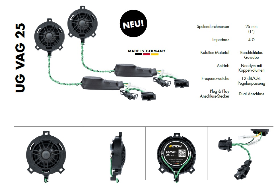 ETON VAG25 Upgrade Plug & Play 25 mm Hochtöner kompatibel mit VAG VW Fahrzeugen mit Kabelfrequenzweichen - 1 Paar
