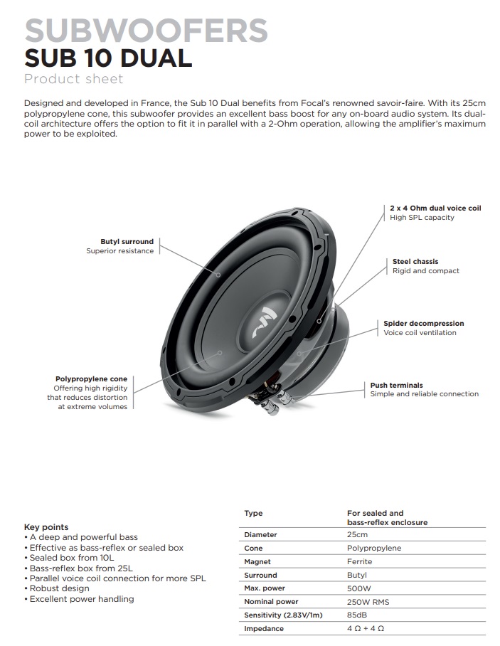 Focal SUB10DUAL Woofer Chassis 25cm (10”) Subwoofer 500 Watt, 4+4 Ohm