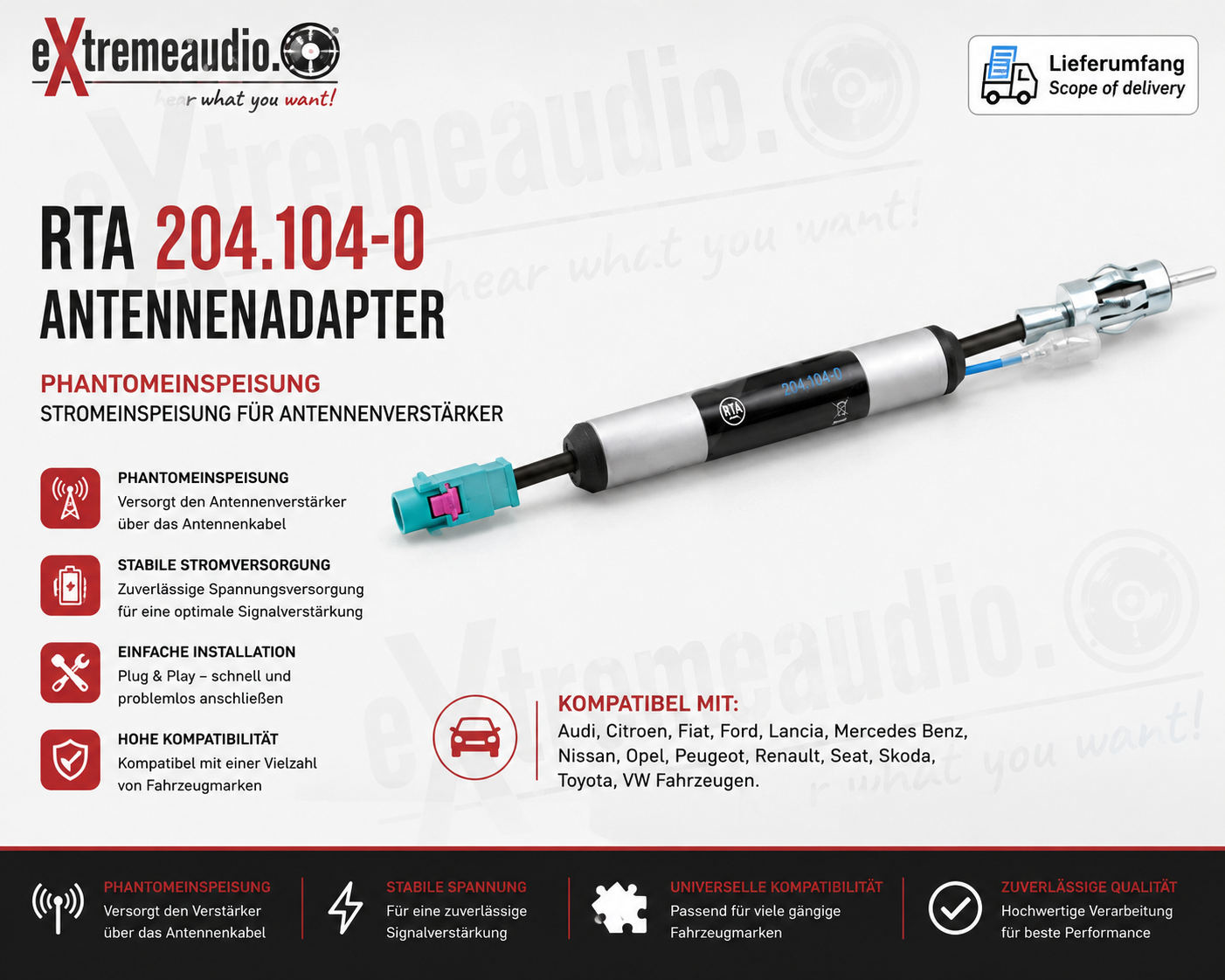 RTA 204.104-0 Antennenadapter Phantomeinspeisung Stromeinspeisung für Antennenverstärker kompatibel mit Audi, Citroen, Fiat, Ford, Lancia, Mercedes Benz, Nissan, Opel, Peugeot, Renault, Seat, Skoda, Toyota, VW Fahrzeugen