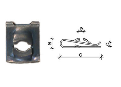 RTA 420.708-2 4.2 x 11 x 09mm sheet metal nut, a = 2.4 mm, d = 2 mm, e = 2.5 mm, c = 11.1 mm