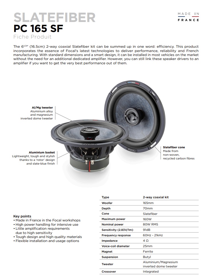 Focal PC165SF SLATEFIBER-Serie 16,5 cm (6.5") 2-Wege Koax Lautsprecher Set 160 Watt - 1 Paar   