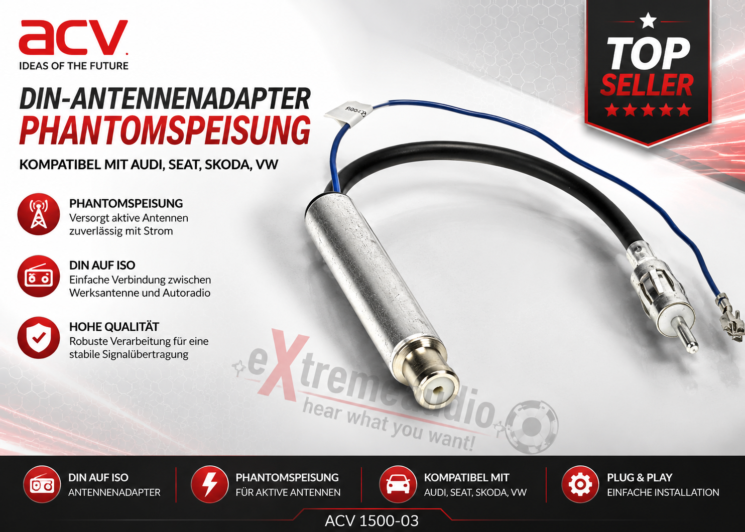 ACV 1500-03 Audi / Seat / VW DIN antenna adapter with phantom 