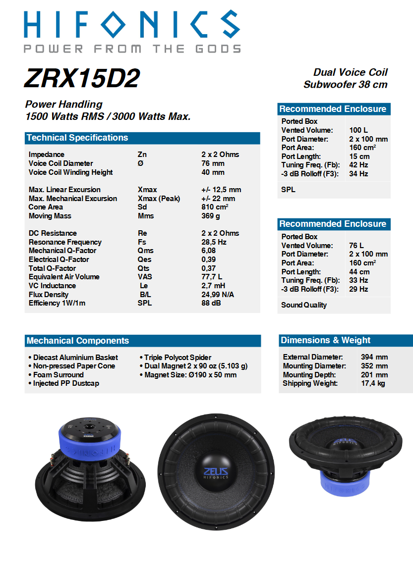 HIFONICS ZRX-15D2 ZEUS Woofer 38 cm (15") Subwoofer 1500 W/RMS, 3000 W/MAX, 2 + 2 Ω