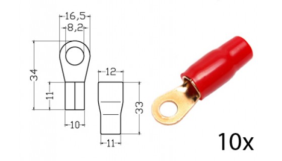 RTA 152.416-2 Serrage anneau terminal isolé, plaqué or, 10x RED Ring 35mm² Dia. 8mm