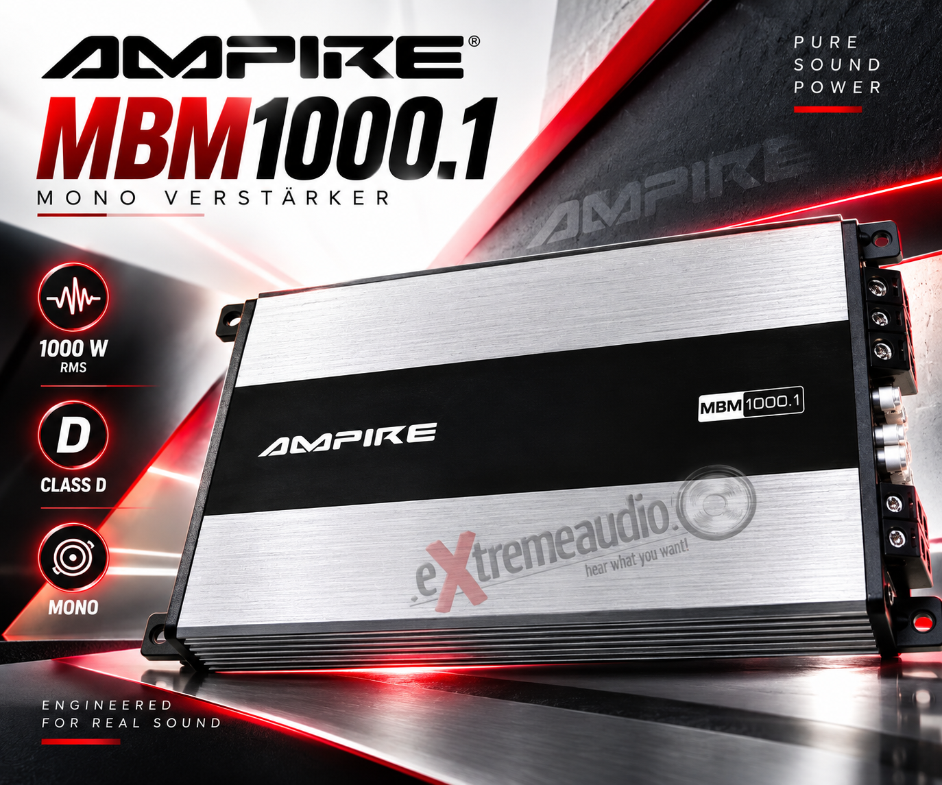 AMPIRE MBM1000.1-2G 1-Kanal Mono Endstufe Verstärker 1000 Watt RMS, Class D