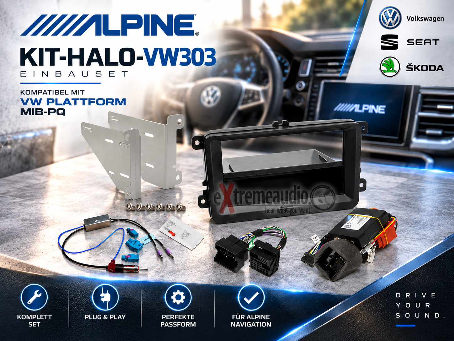 Alpine KIT-HALO-VW303 Einbauset kompatibel mit VW Plattform MIB-PQ - Seat, Skoda und VW passend für Alpine iLX-705D, iLX-F905D, iLX-F115D, INE-F904D, INE-F904DC, INE-W720D, INE-W720DC