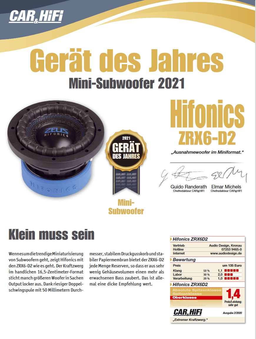 HIFONICS ZRX-6D2 ZEUS Woofer 16,5 cm (6.5") Subwoofer 300 W/RMS, 600 W/MAX, 2 + 2 Ω