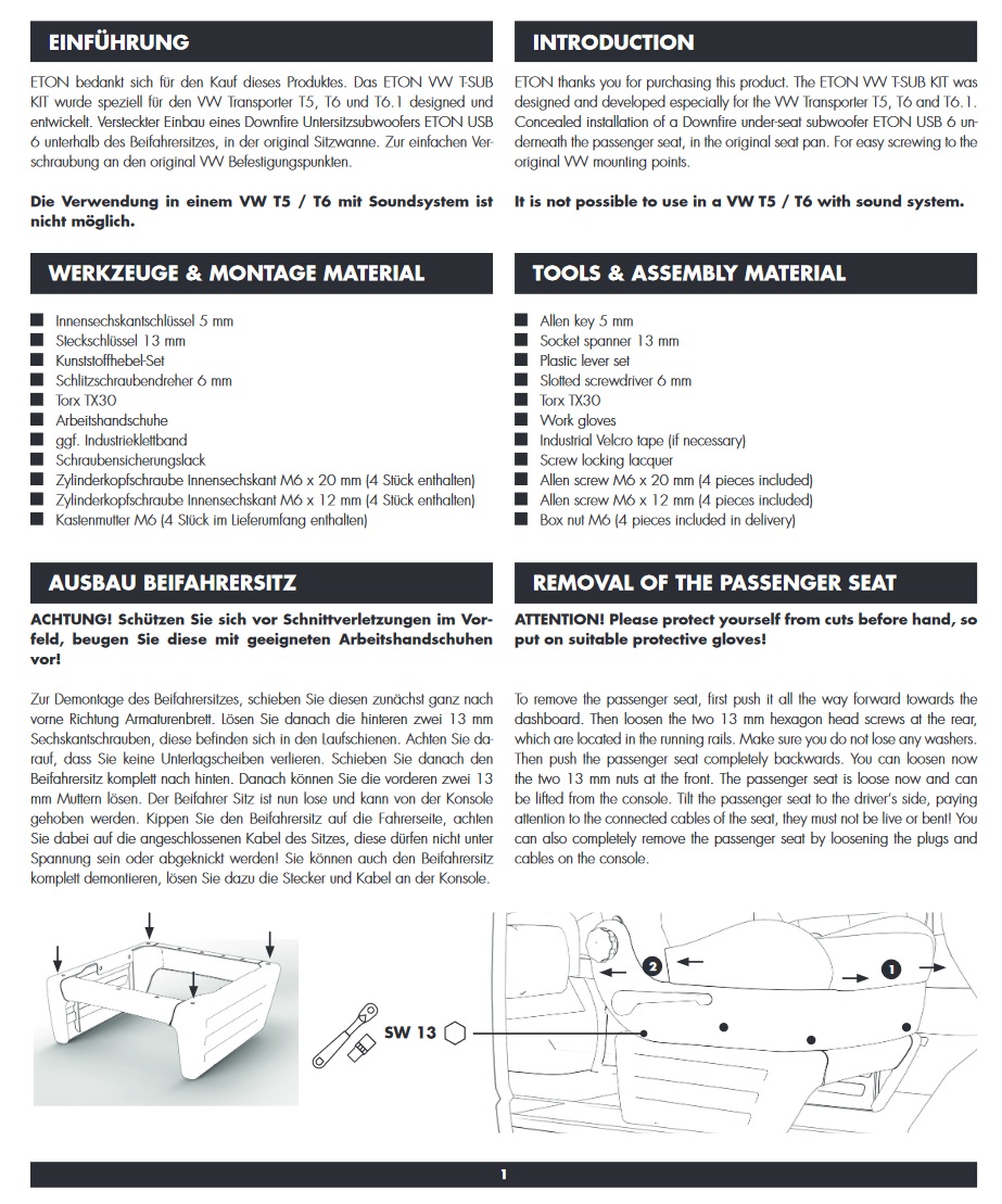 ETON VWT-SUB Upgrade VW T5 T6 T6.1 USB6 Montagekit VW T5, T6 und t6.1