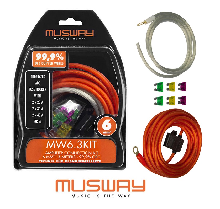 MUSWAY MW6.3KIT Kabelkit 6 mm² VERSTÄRKER-ANSCHLUSS-SET 3 METER AUS HOCHLEITFÄHIGEM VOLLKUPFER 99,9% OFC