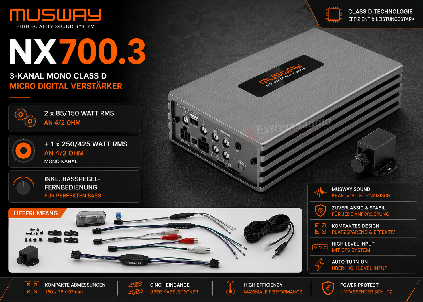 Musway NX700.3 3-Kanal Mono Class D Micro Digital Verstärker mit Basspegel-Fernbedienung