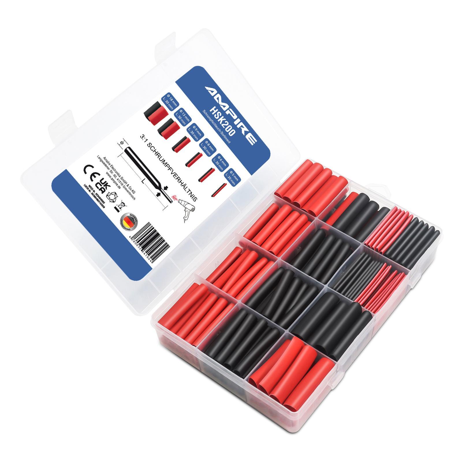   AMPIRE HSK200 Schrumpfschlauch Sortiment, 3:1, 1,5mm² bis 50mm², rot/schwarz, 200 Stück   