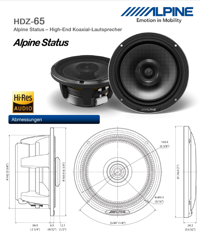 Alpine HDZ-65 16,5 cm (6,5-Zoll) 2-Wege Koaxial Lautsprecher System 100 Watt RMS