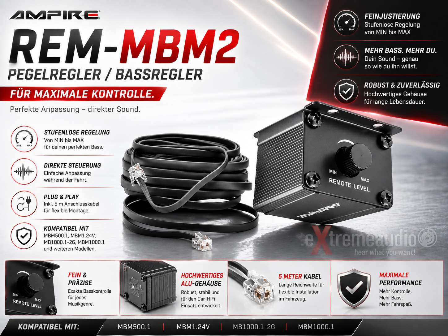 AMPIRE REM-MBM2 Pegelregler, Bassregler für Verstärker der MBM500.1, MBM1.24V, MB1000.1-2G, MBM1000.1 - Remote Bass Regler Gain Controller