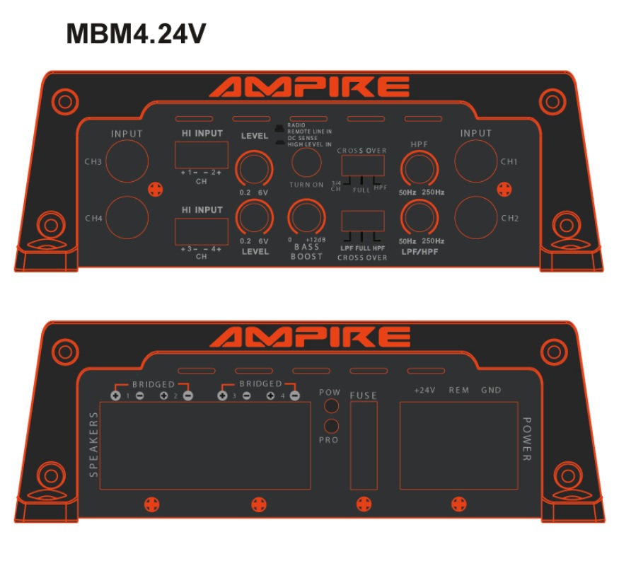 AMPIRE MBM4.24V amplificatore, 4x 100 watt, classe D, 24-volt versione