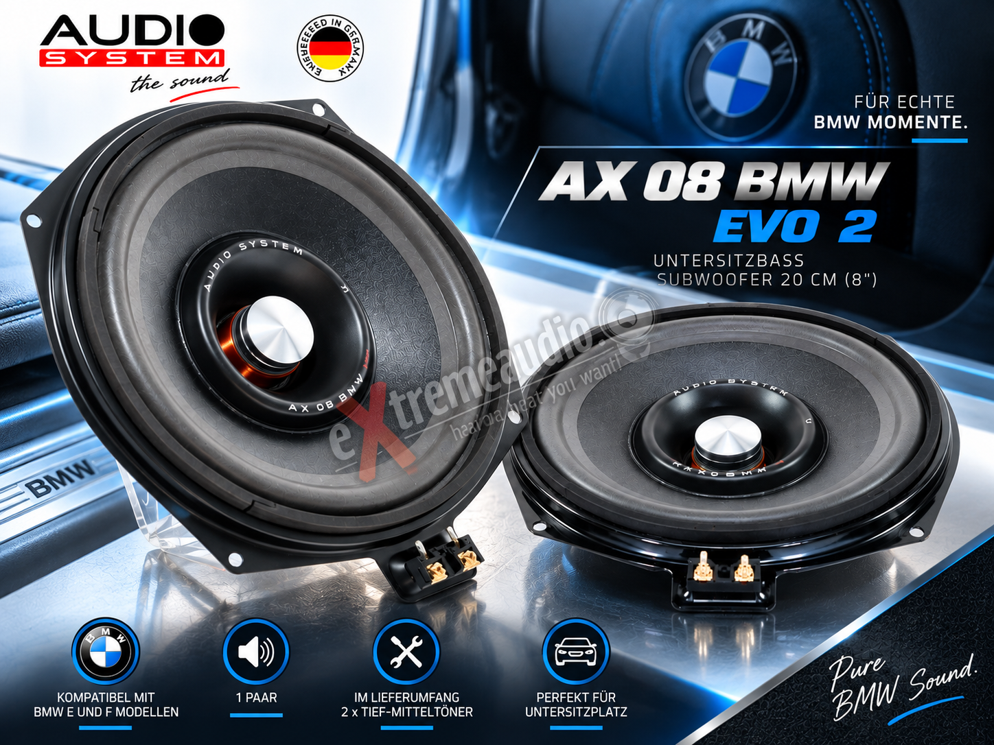 Audio System AX 08 BMW EVO 2 BMW Untersitzbass Untersitz Subwoofer 20 cm (8") kompatibel mit BMW E, und F BMW Modelle - 1 Paar 