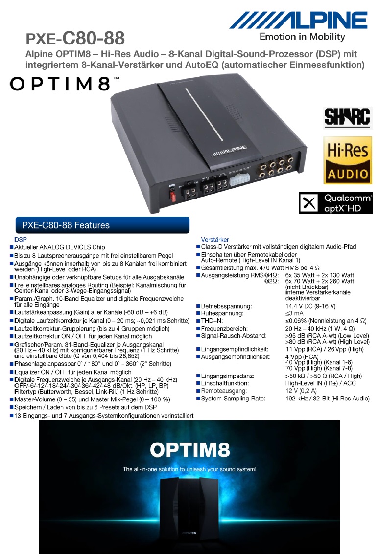 Alpine PXE-C80-88 OPTIM8 Hi-Res 8-Kanal-Soundprozessor Verstärker mit digitalem Signalprozessor DSP, geführtes automatisches Soundtuning kompatibel mit iPhone App oder PC   