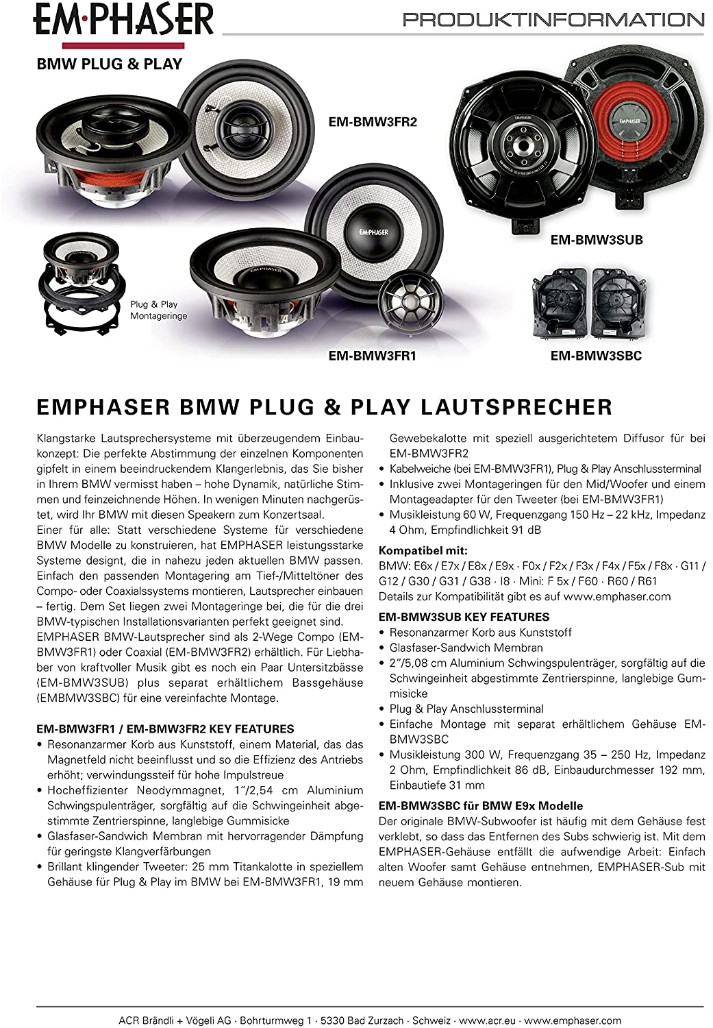 EMPHASER EM-BMW3SUB Plug & Play 8" / 20 cm Subwoofer für BMW Fahrzeuge BMW 1er F20/F21/E81/E82/E87/E88, 3er F30/F31/F34/F35/G20/G21/E90/E91/E92/E93 usw.