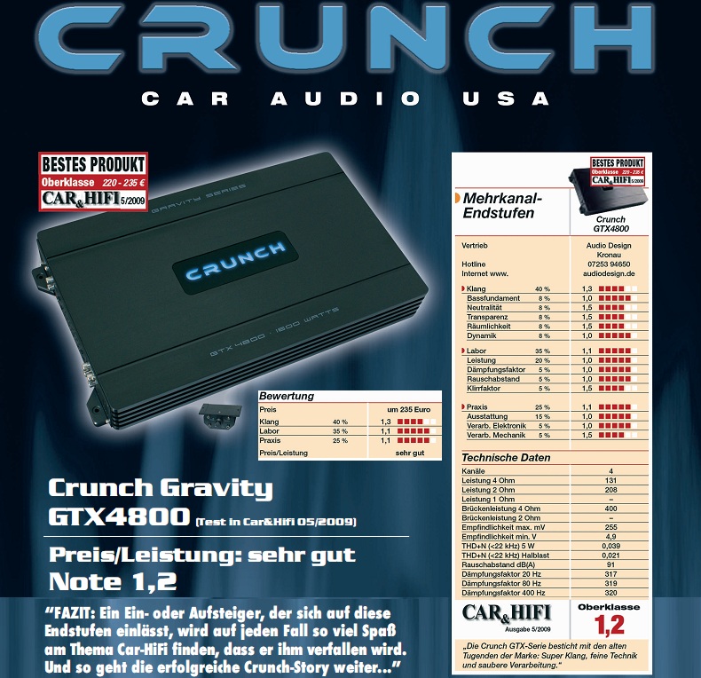 1600 watts CRUNCH GRAVITY GTX 4800 4 Canal Amplificateur avec Bass remote prix recommandé 235