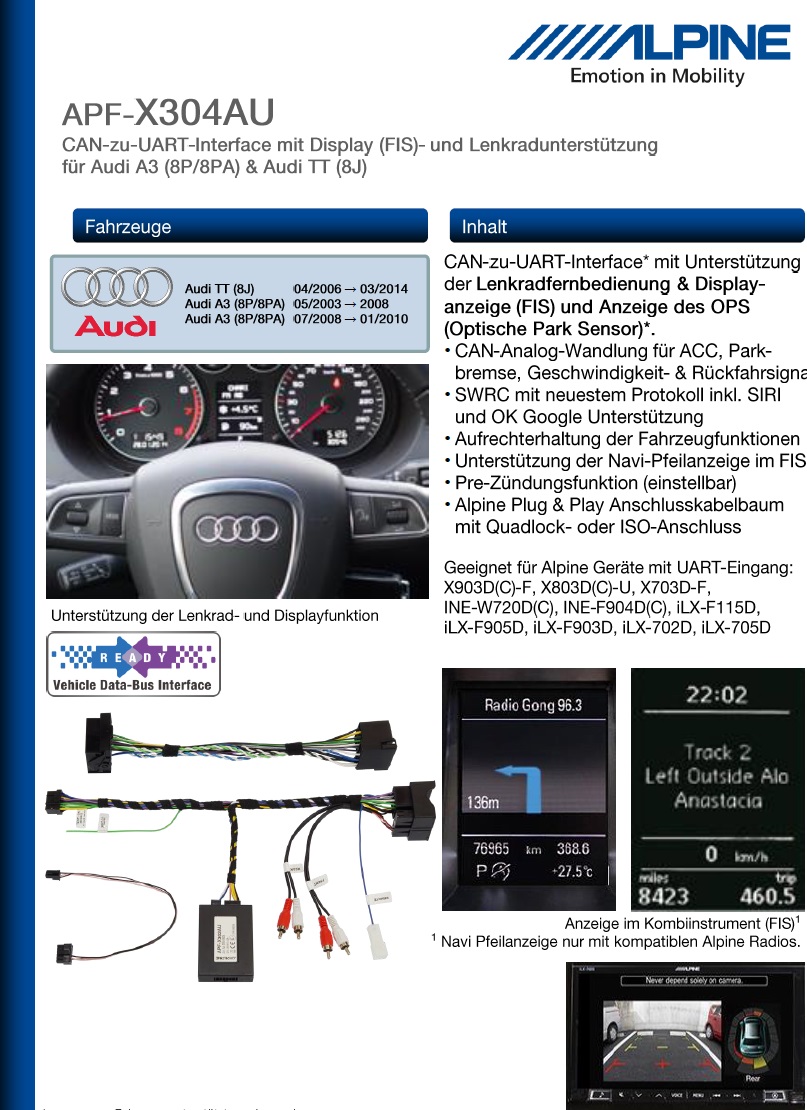 Alpine APF-X304AU CAN Lenkradadapter kompatibel mit Audi A3 (8P/8PA) & Audi TT (8J)
