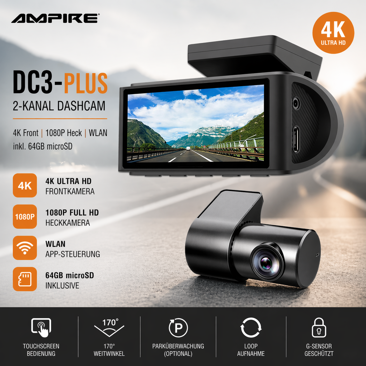 AMPIRE DC3-PLUS 2-Kanal Dashcam mit Touchscreen, 4K Front, 1080P Heck, WLAN, inkl. 64GB microSD   