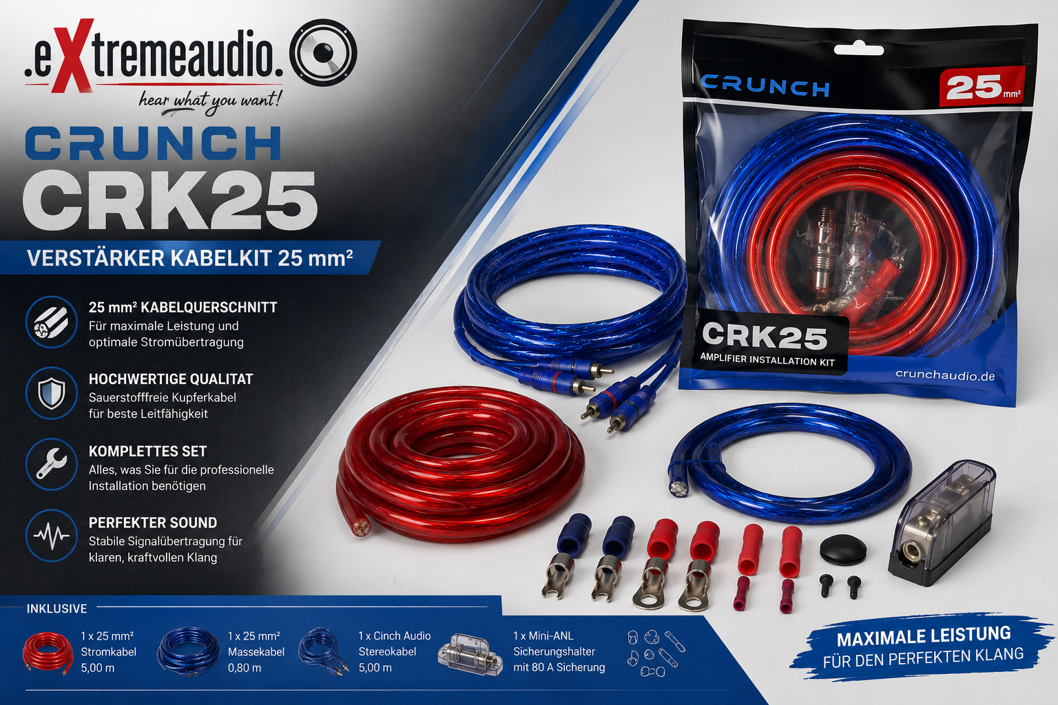 CRUNCH CRK25 Kabelkit 25 mm² Verstärker Kabelkit Anschlußset AMPs