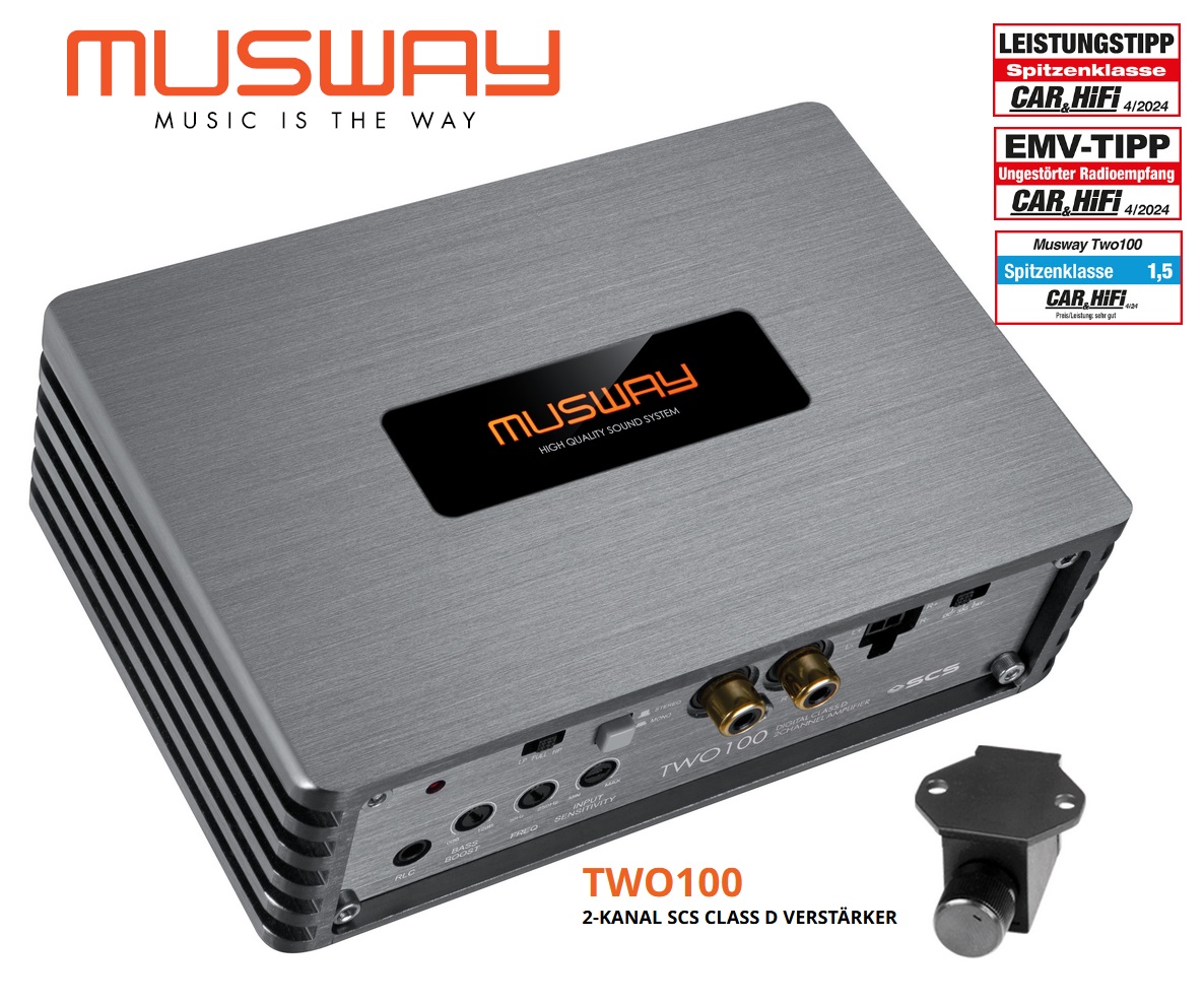 Musway TWO100 Digitaler 2-Kanal Verstärker 400 Watt RMS mit Basspegel Fernbedienung