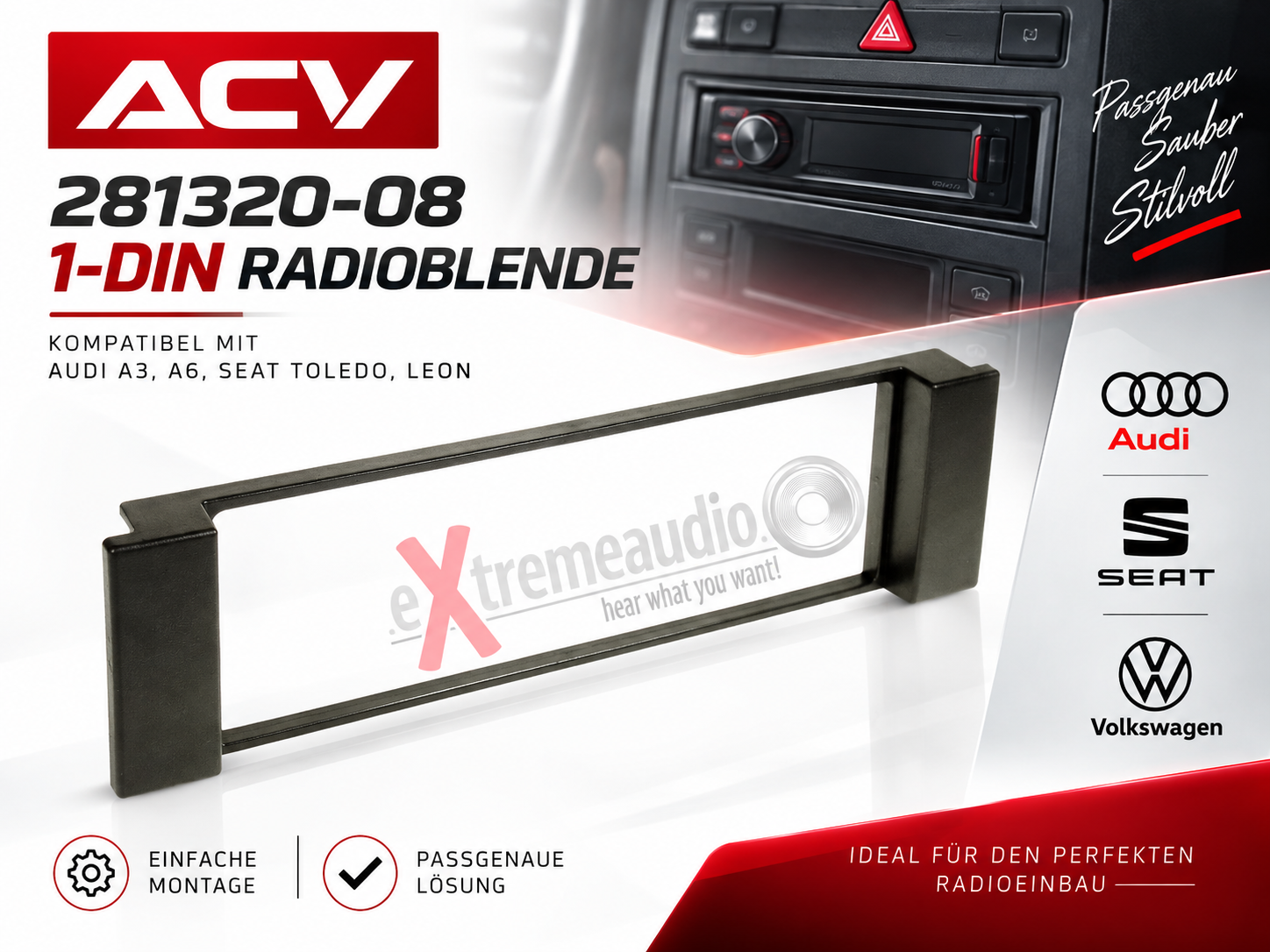 1-DIN radio bezel Audi A3 8L / A6 4B Seat Leon 00 -> / Toledo 99 -> 