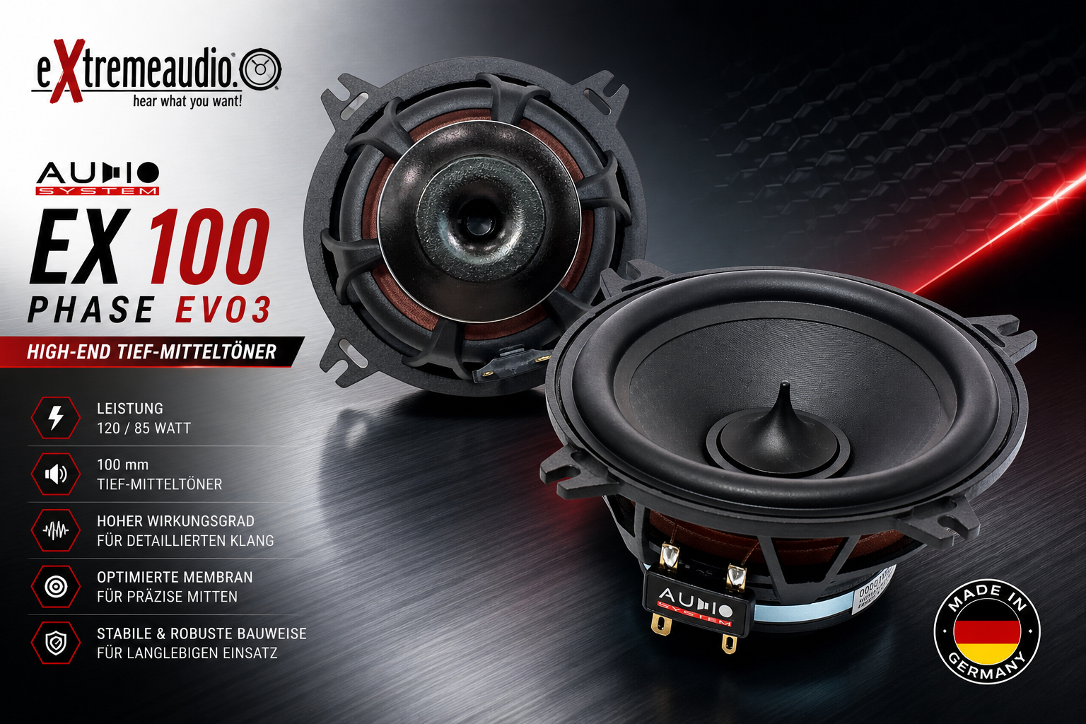 Audio System EX 100 PHASE EVO 3 Mitteltöner 10 cm (4") Kickbass Auto Lautsprecher Tieftöner 120 Watt - 1 Paar 