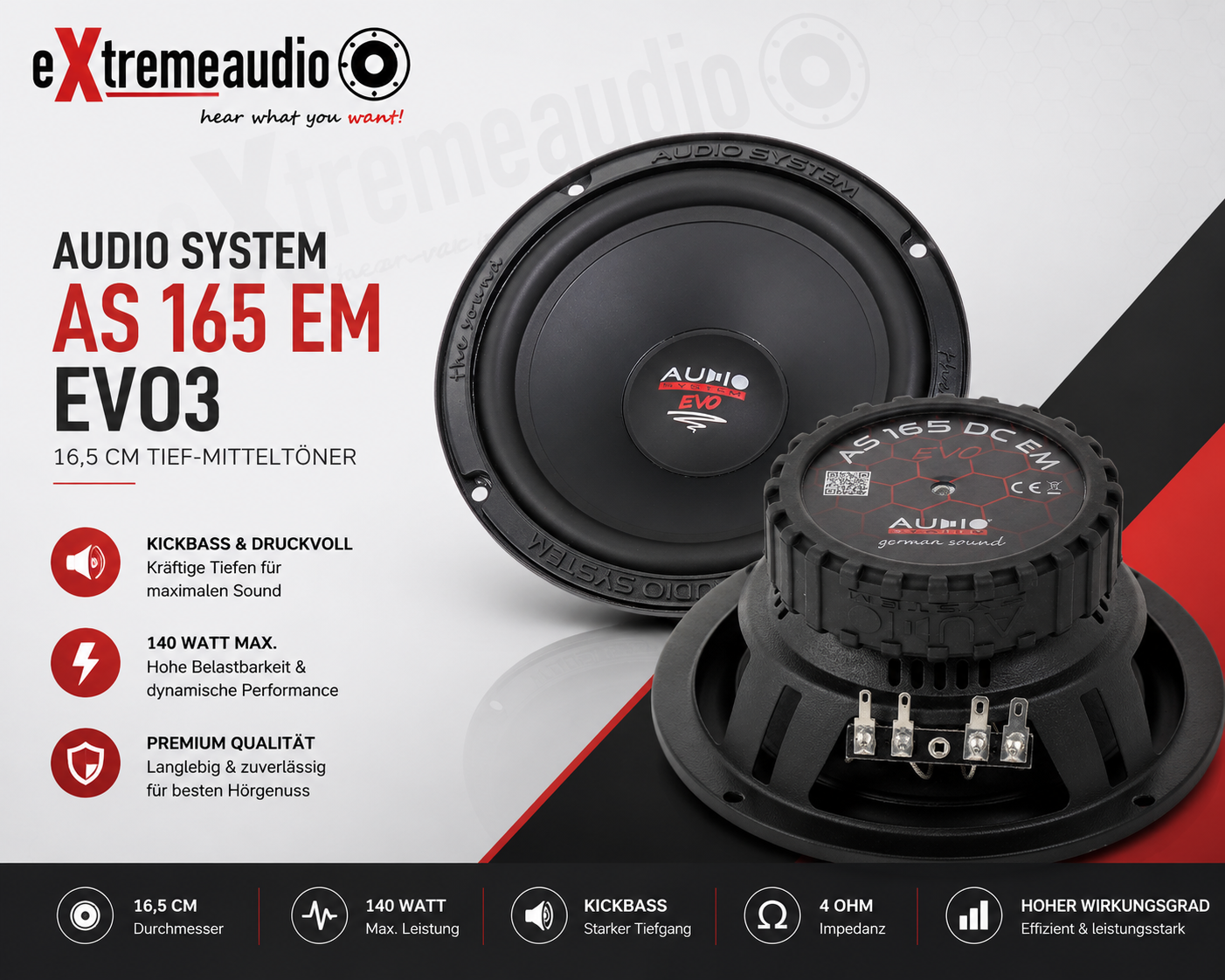 Audio System AS 165 EM EVO3 Tief-Mitteltöner 16,5 cm (6.5") Kickbass Auto Lautsprecher Tieftöner 140 Watt - 1 Paar