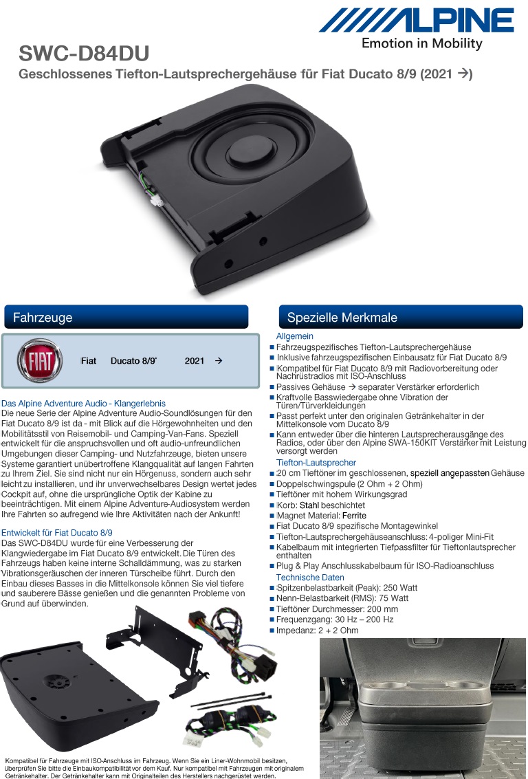 Alpine SWC-D84DU Subwoofer Tiefton-Lautsprechergehäuse kompatibel mit Fiat Ducato 8, Fiat Ducato 9 2022 ->   