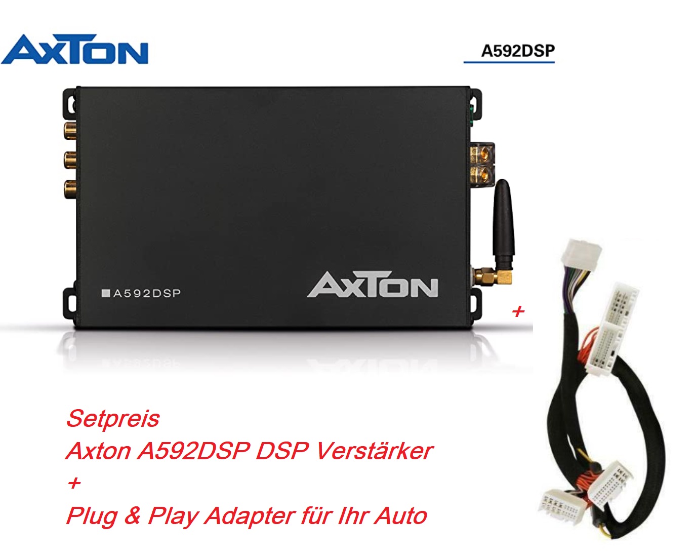 Axton A592DSP DSP Verstärker Set mit passendem Plug & Play Adapter für Ihr Auto Alfa, Audi, BMW, Citroen, Dacia, Fiat, Ford, Honda, Hyundai, Kia, Mazda, Mercedes, Mini, Mitsubishi, Nissan, Opel, Peugeot, Renault, Seat, Skoda,  Toyota, VW usw.  