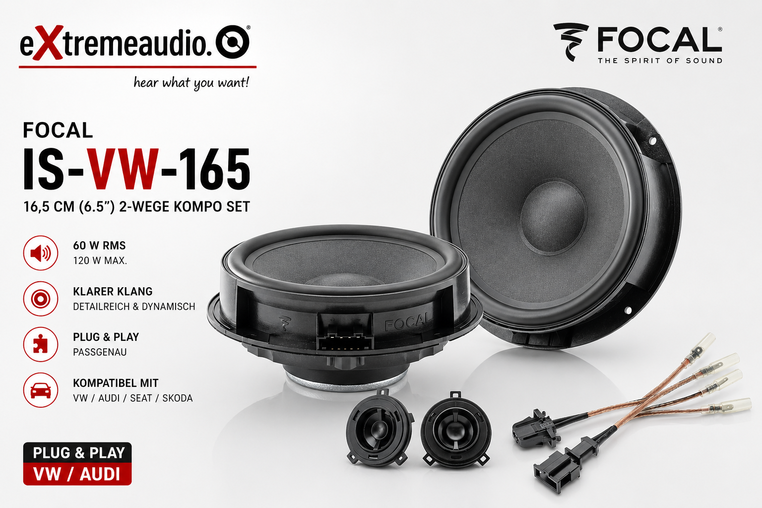 FOCAL IS-VW-165 16,5 cm (6.5") 2-Wege Kompo Lautsprecher Set kompatibel mit Audi, Seat, Skoda, Volkswagen VW 