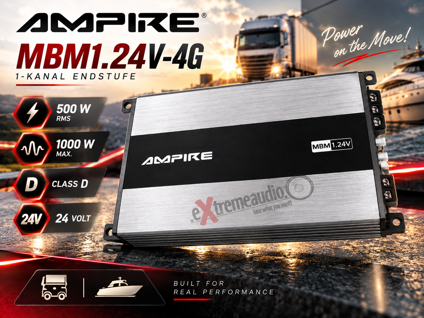 AMPIRE MBM1.24V-4G 1-Kanal Endstufe Verstärker 500 Watt, Class D, 24 Volt für LKW, Busse und Boote mit 24 Volt   
