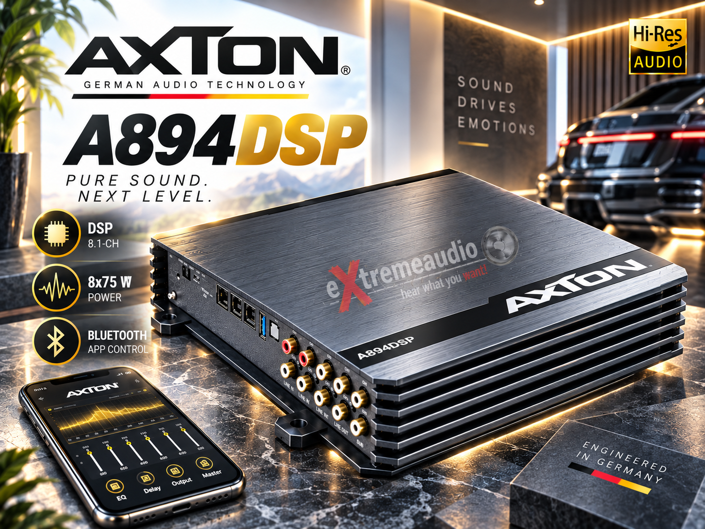 AXTON A894DSP 8.1-CH DSP Verstärker Soundprozessor mit 8x75W, Bluetooth, Handy App-Steuerung, Bluetooth Audio Streaming, Hi-Res Audio optional