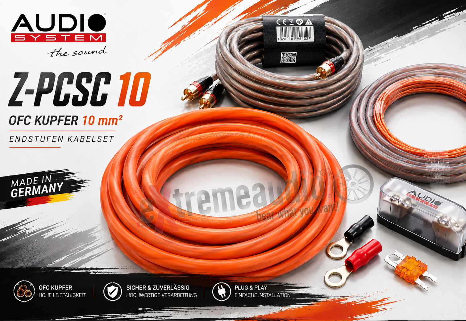 Audio System Z-PCSC 10 OFC Kupfer 10 mm² Endstufen Kabelset Verstärker Anschluss-Set mit 5m Cinchkabel