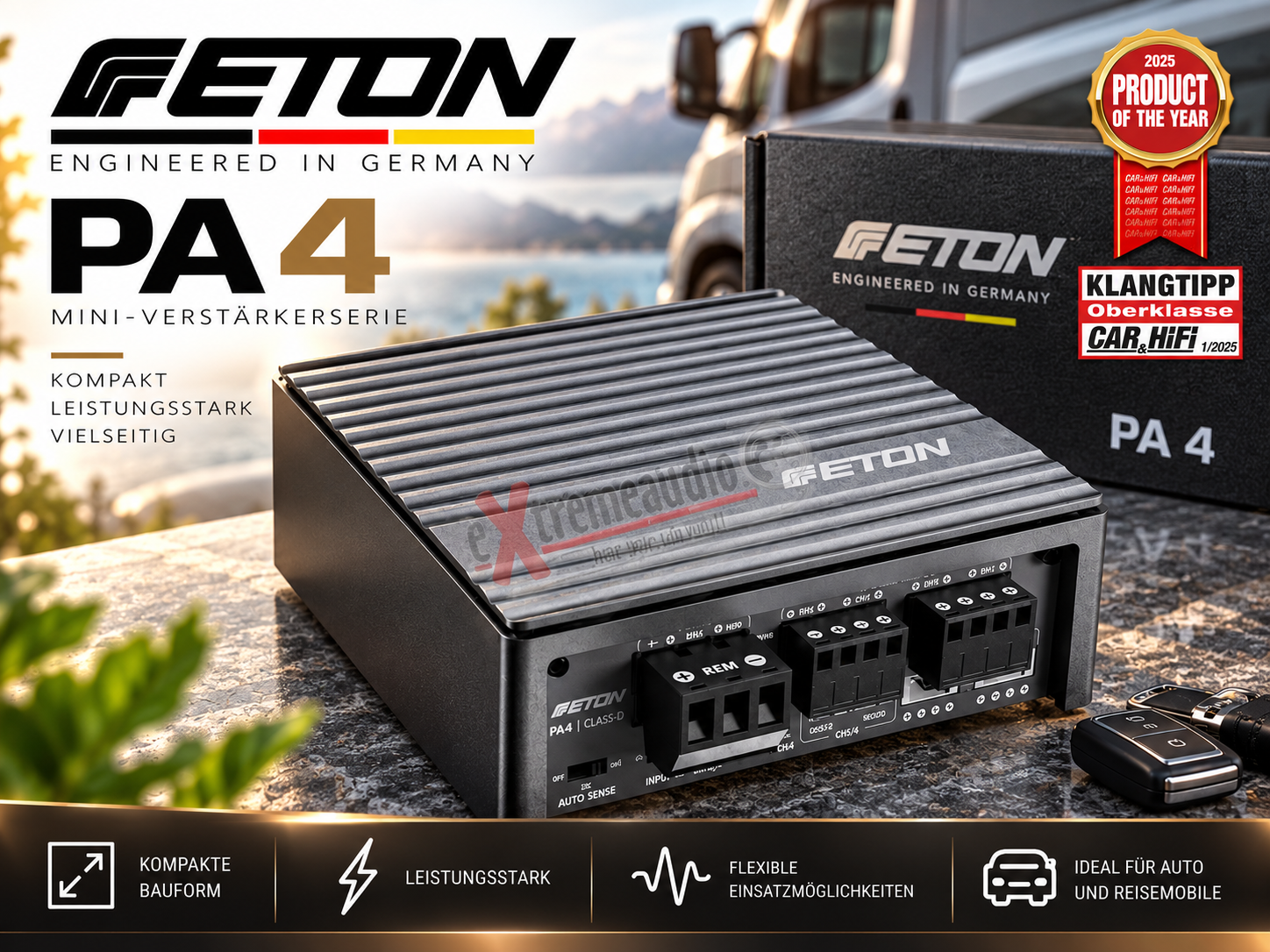 Eton PA4 4-Kanal Verstärker Mini Endstufe Amplifier 560 Watt für Autos und Reisemobile, Class D Amp