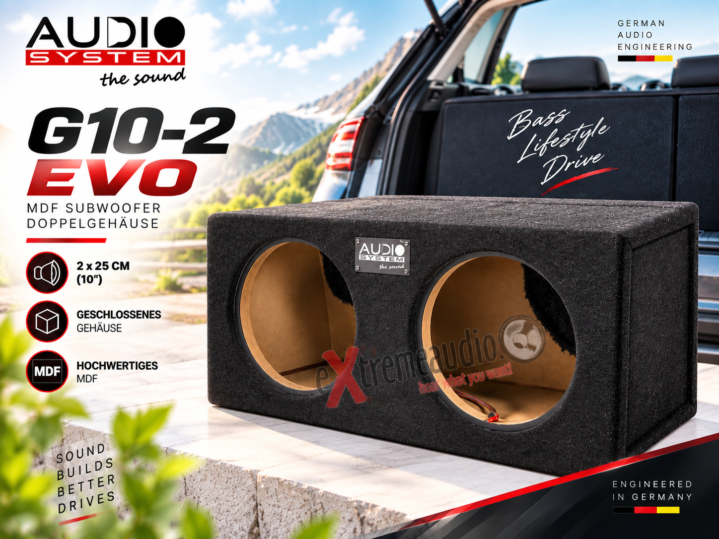 Audio System G 10-2 EVO MDF Subwoofer Doppel Leergehäuse für 2 x 25 cm (10") Bass / Woofer - geschlossenes Gehäuse mit 46 Liter