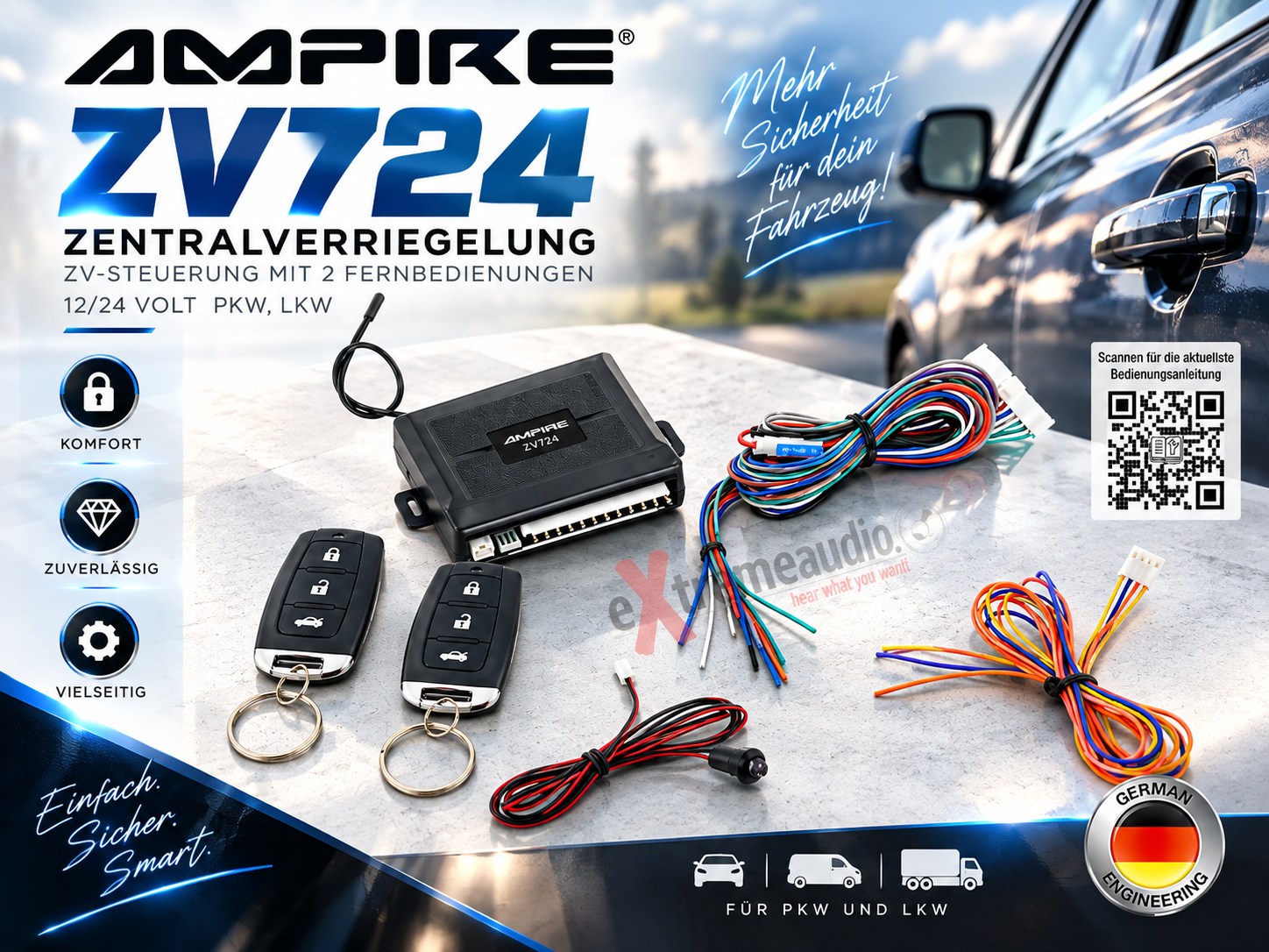 AMPIRE ZV724 Zentralverriegelung ZV-Steuerung mit 2 Fernbedienungen, 12/24 Volt PKW, LKW