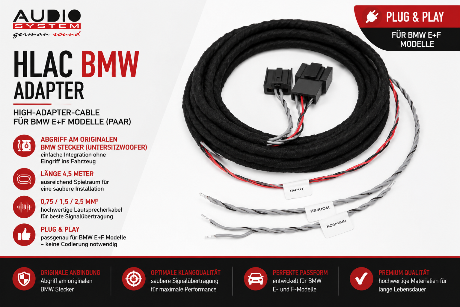 Audio System HLAC BMW HIGH LOW ADAPTER Kabel für BMW E+F Modelle ( Paar )