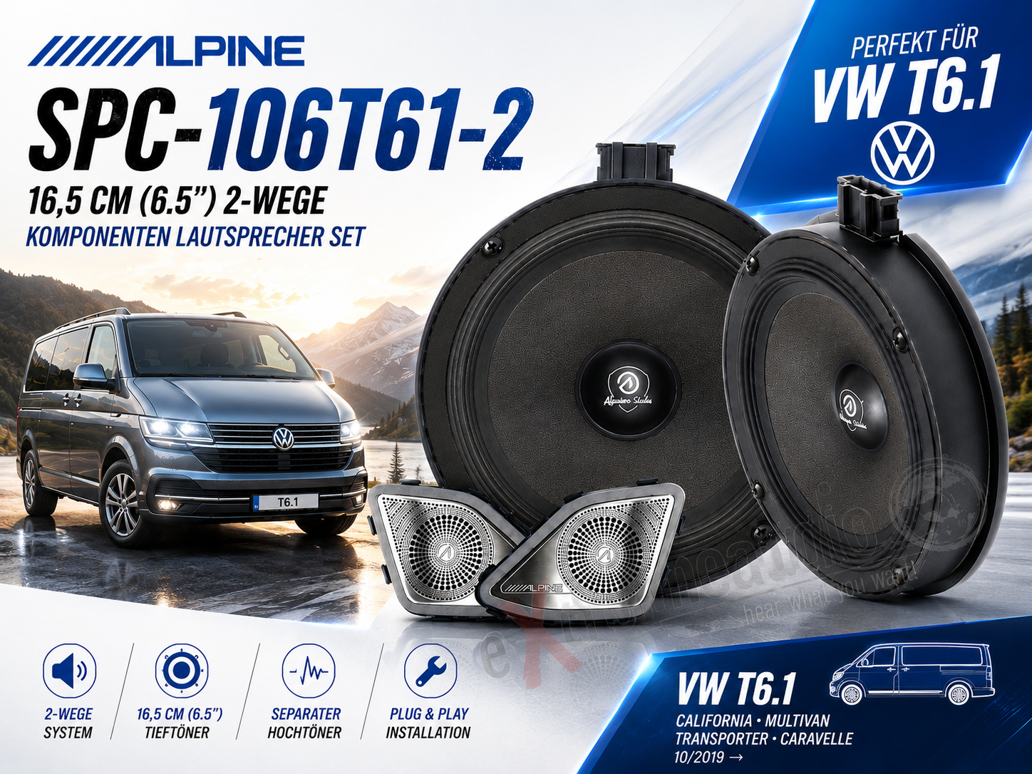 Alpine SPC-106T61 16,5 cm (6,5-Zoll) 2-WEGE KOMPONENTEN LAUTSPRECHER für Volkswagen T6.1
