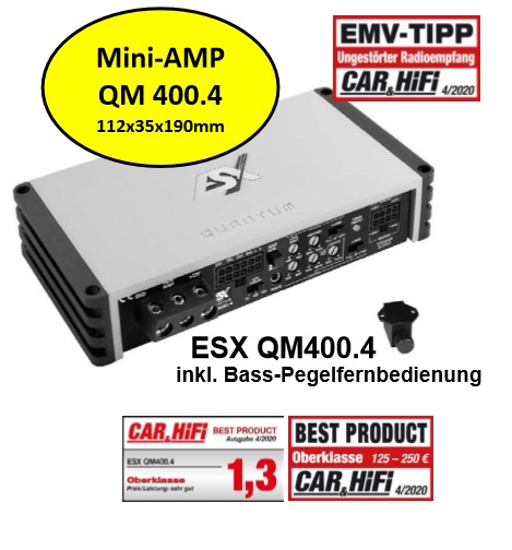 ESX QM400.4 4 Kanal Class-D Verstärker inkl. Bass-Pegelfernbedienung 4x75 /115 Watt RMS 4/2 Ohm       