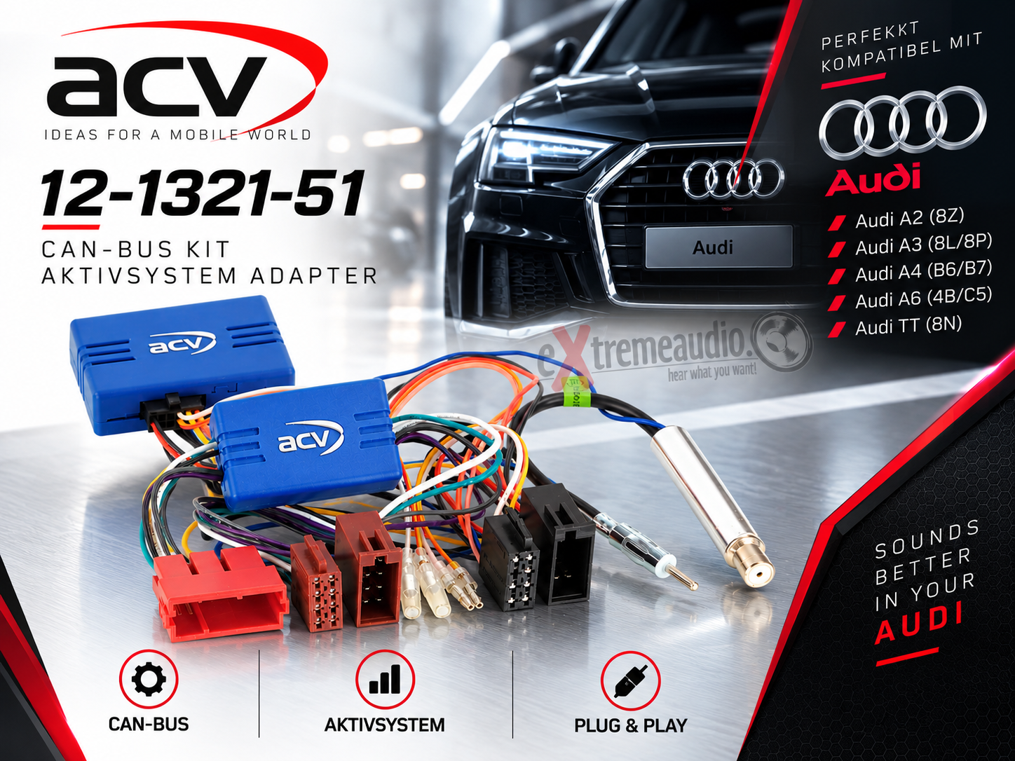 ACV 12-1321-51 CAN-Bus Kit aktiv System kompatibel mit Audi A2 (8Z), Audi A3 (8L/8P), Audi A4 (B6/B7), Audi A6 (4B/C5), Audi TT (8N) Aktivsystem Adapter Teil- und Vollaktiv